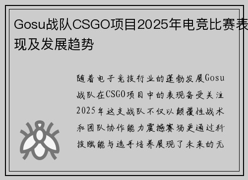 Gosu战队CSGO项目2025年电竞比赛表现及发展趋势